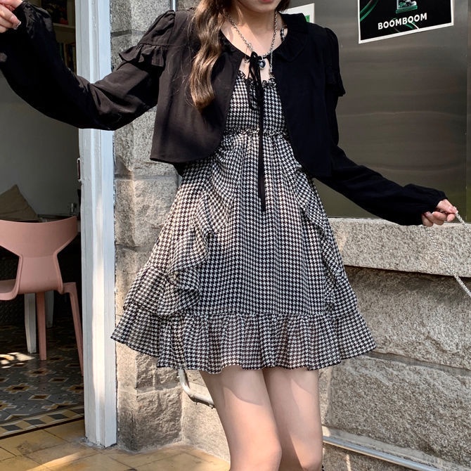 Set Áo Khoác Cardigan Dài Tay Và Đầm Hai Dây Họa Tiết Ca Rô Thời Trang Dành Cho Nữ