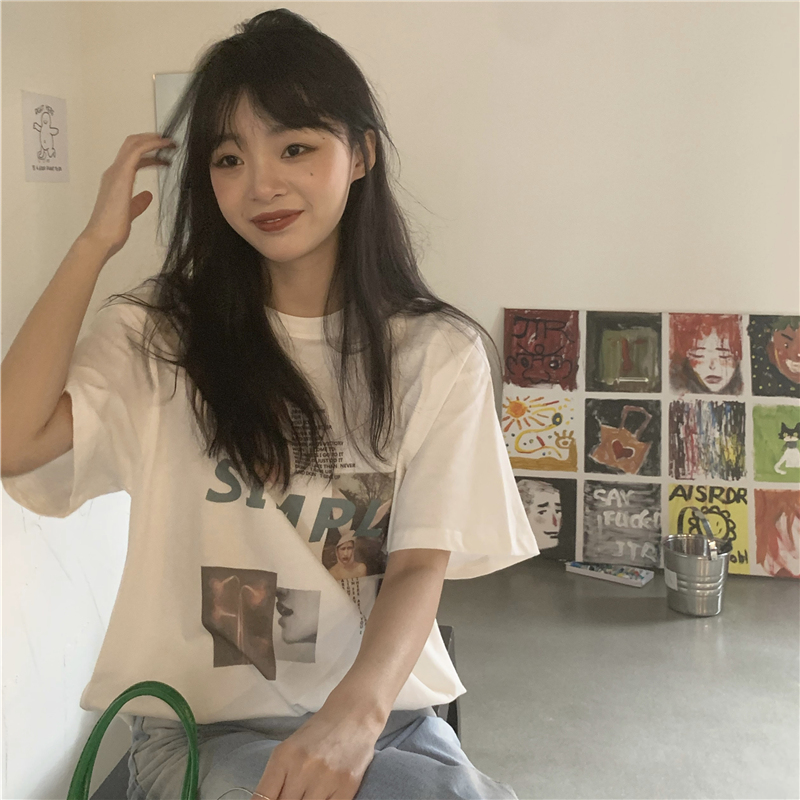 SUXI Áo thun tay ngắn cổ tròn dáng rộng phong cách cổ điển nữ tính