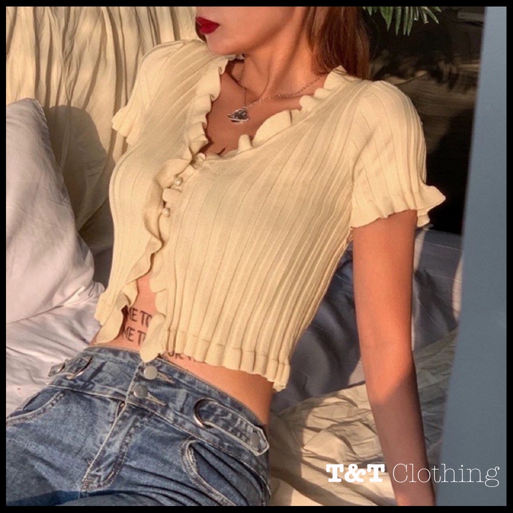 ÁO CROPTOP NỮ GÂN BÈO NÚT BỌC | áo kiểu nữ - áo thun 💃By 23t.shop | BigBuy360 - bigbuy360.vn