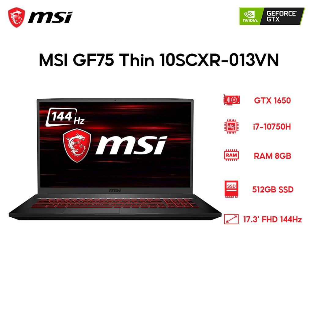 Laptop MSI GF75 Thin 10SCXR-013VN i7-10750H 8GB 512GB GTX1650 17.3" FHD 144Hz Win 10