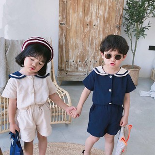 Bộ áo thun tay ngắn cổ thủy thủ + quần short thời trang mùa hè cho bé