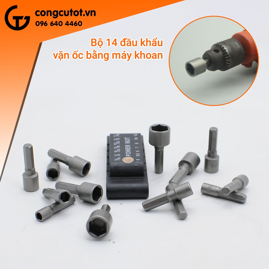 Bộ 14 đầu khẩu vặn ốc chuôi lục hệ inch và hệ mét 5-12mm