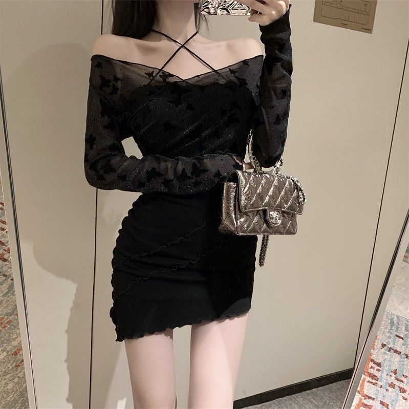 Đầm dài tay cổ tròn hở vai màu đen phong cách hip hop thời trang mùa thu dành cho nữ