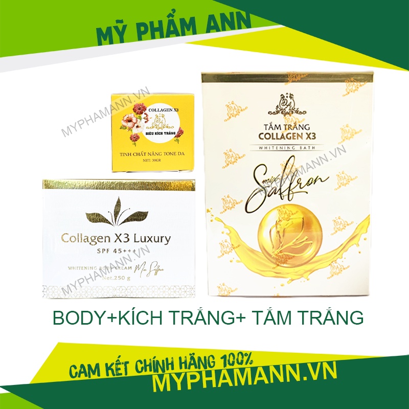 Combo Kem Body Collagen X3 Luxury + Tắm Trắng Colagen X3 + Kích Trắng Da Mỹ Phẩm Đông Anh