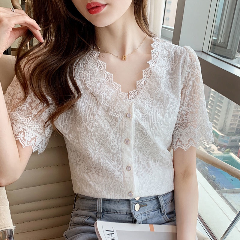 Áo Sơ Mi chiffon Ngắn Tay Phối Ren Cổ Chữ V Thiết Kế Mới Thời Trang Mùa Hè Cho Nữ