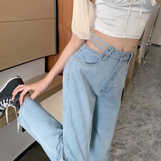 (SẴN L)Quần jeans nữ lưng cao ống suông phối eo cá tính (Ảnh thật)