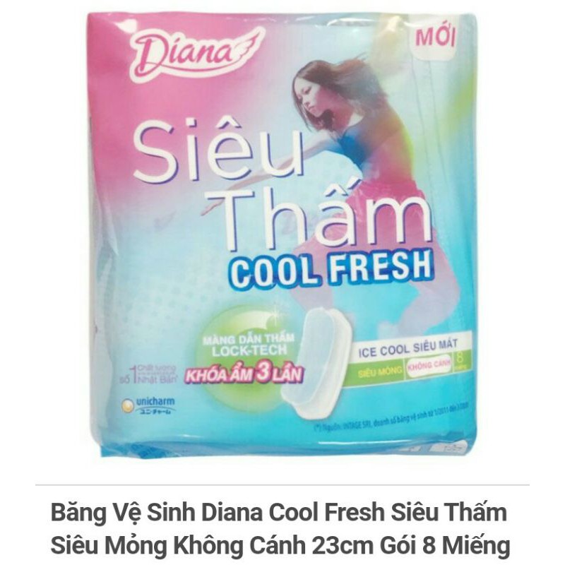 Băng Vệ Sinh Diana Cool Fresh Siêu Thấm Siêu Mỏng Không Cánh 23cm Gói 8 Miếng