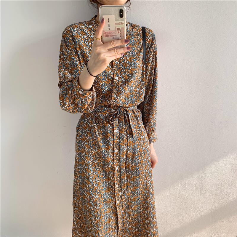 IELGY   Đầm Chiffon Dài Tay Cổ Tròn In Hoa Thời Trang