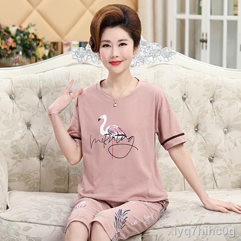 Pyjama nữ quần dài cotton tay ngắn, trung niên và cao tuổi, size lớn, người béo mm, mẹX