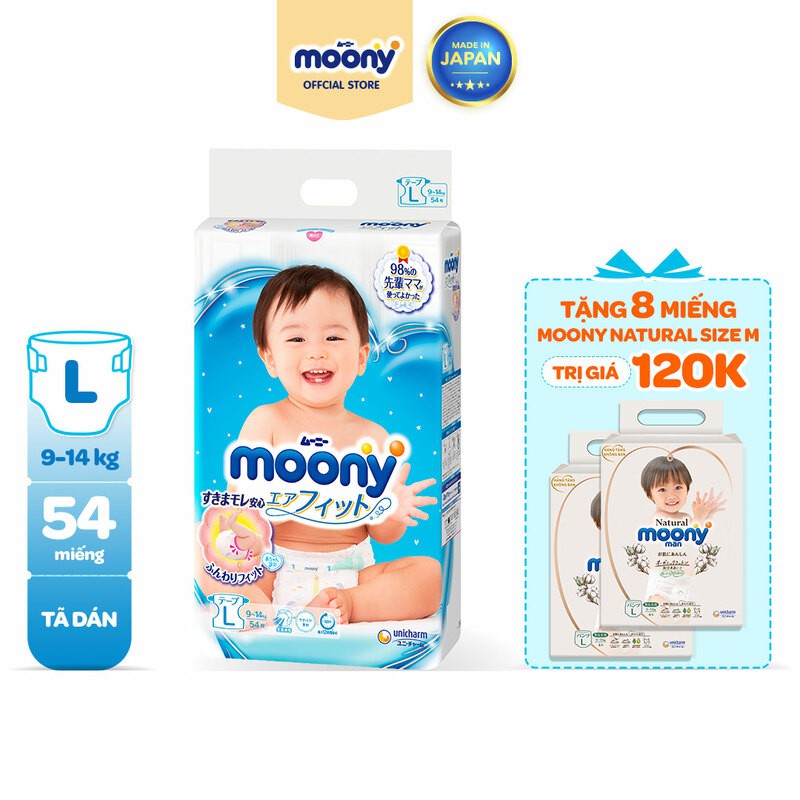 [Mã MOONN0404 -10% ĐH500k][Tặng 8 Miếng Moony Natural] Tã Dán Moony Cao Cấp NB90/S84/M64/L54