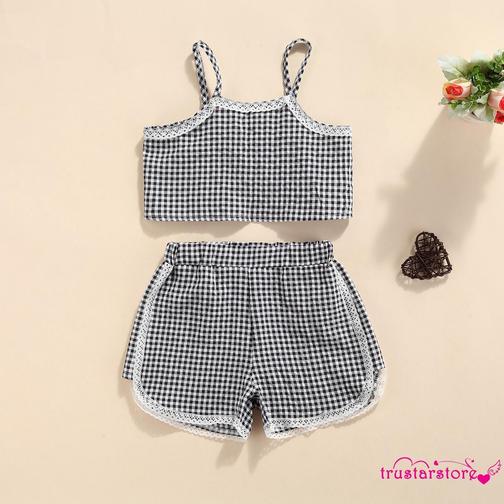 Bộ 2 món áo croptop hai dây + quần short lưng thun phối ren họa tiết sọc caro thời trang mùa hè cho bé gái