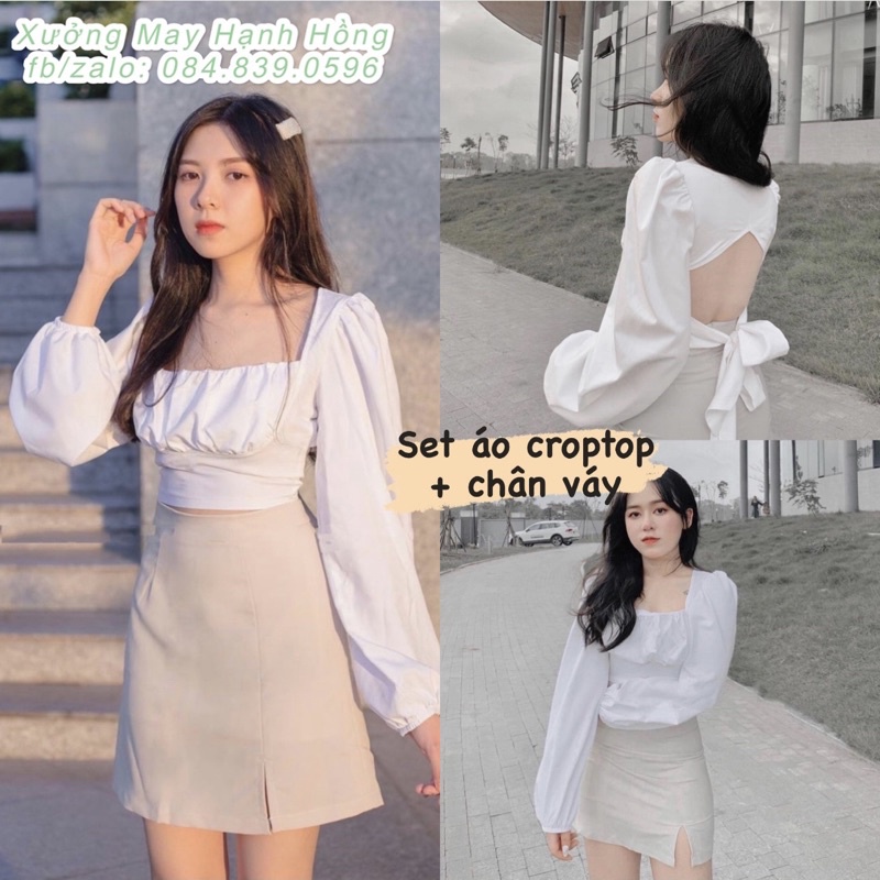Set áo trắng cổ vuông thắt nơ hở lưng mix chân váy chữ A