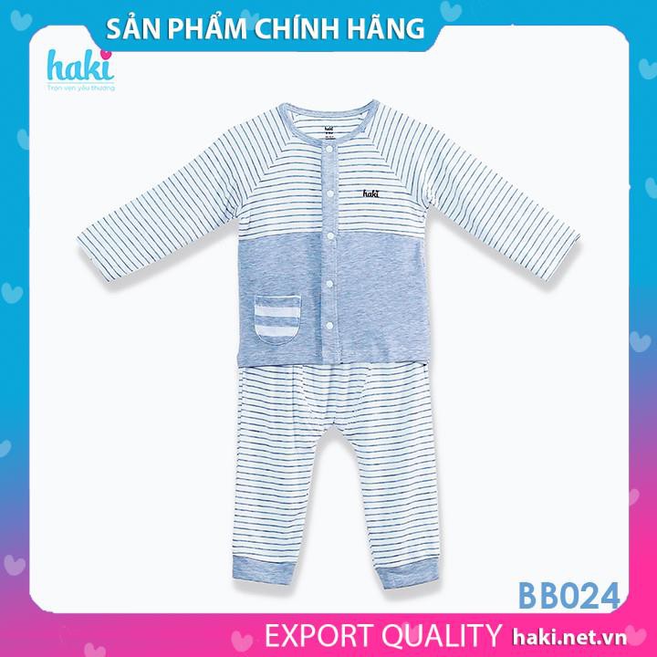 Bộ quần áo dài tay cài giữa, túi tròn cho bé vải sợi tre cao cấp Haki BB024