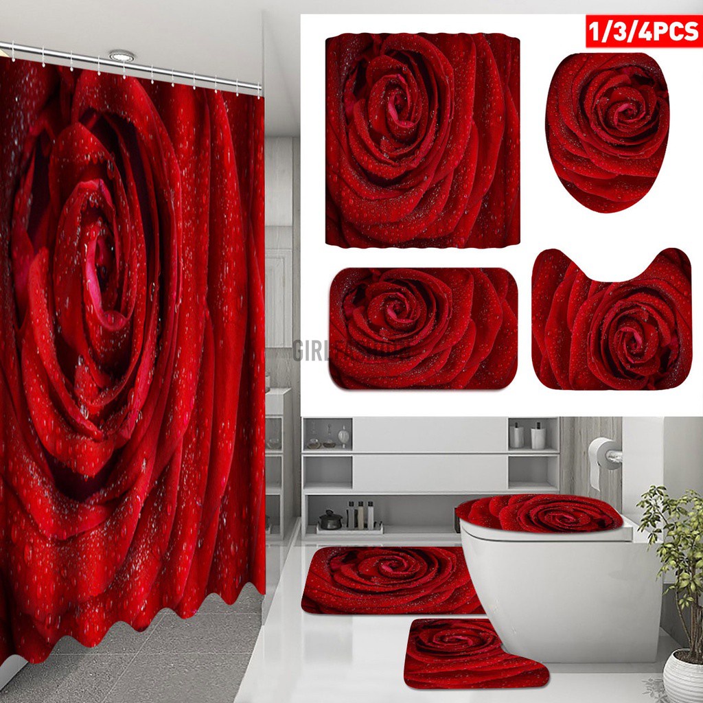 Red Rose Waterproof Polyester Shower Curtain Bathroom Toilet Seat Cover Mat Kit