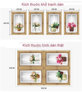 Decal dán tường 3D 4 bức tranh lọ hoa
