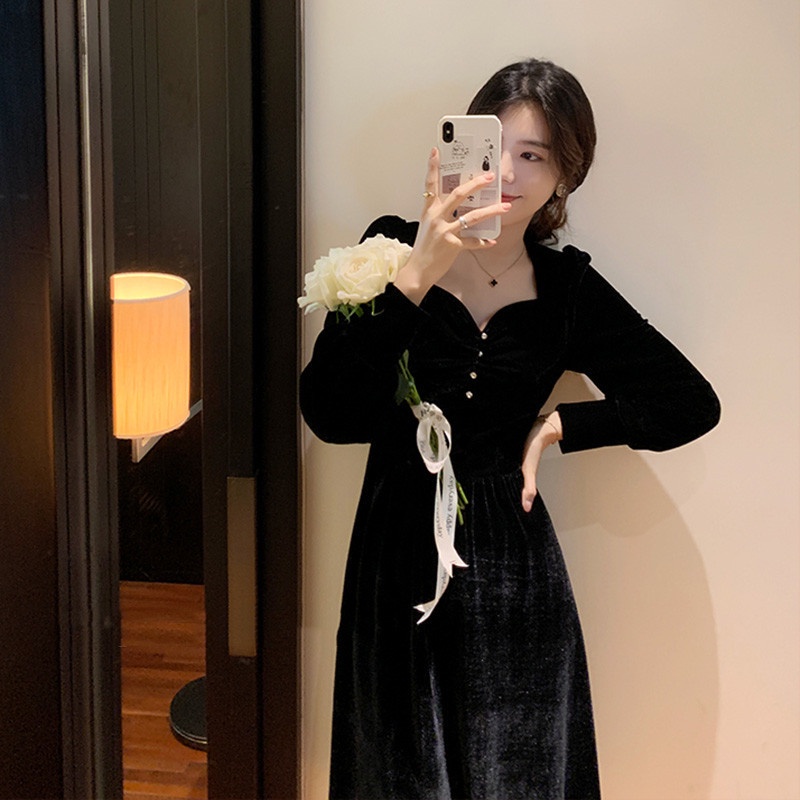 Đầm dài bằng vải nhung màu đen phong cách Pháp Hepburn cổ điển IELGY
