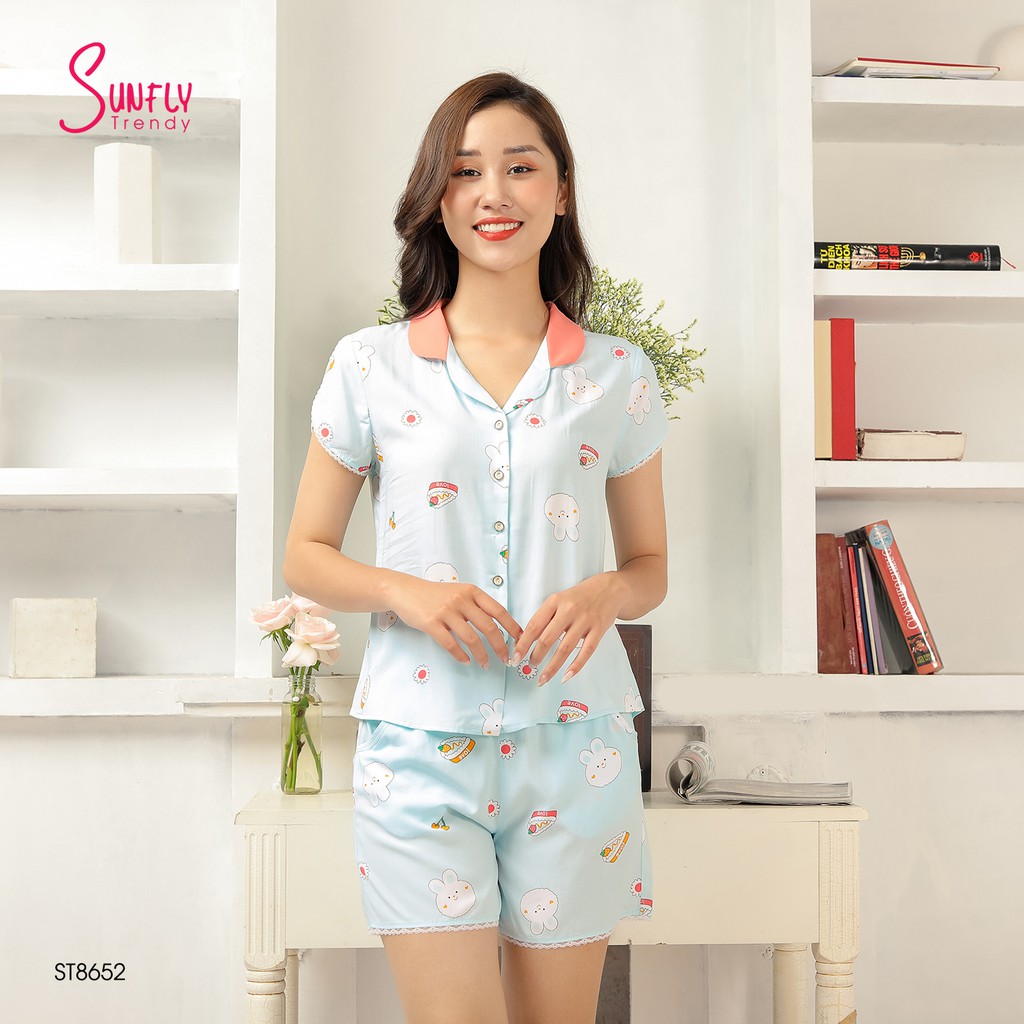 Bộ pijamas lanh Sunfly áo cộc quần sooc ST8652