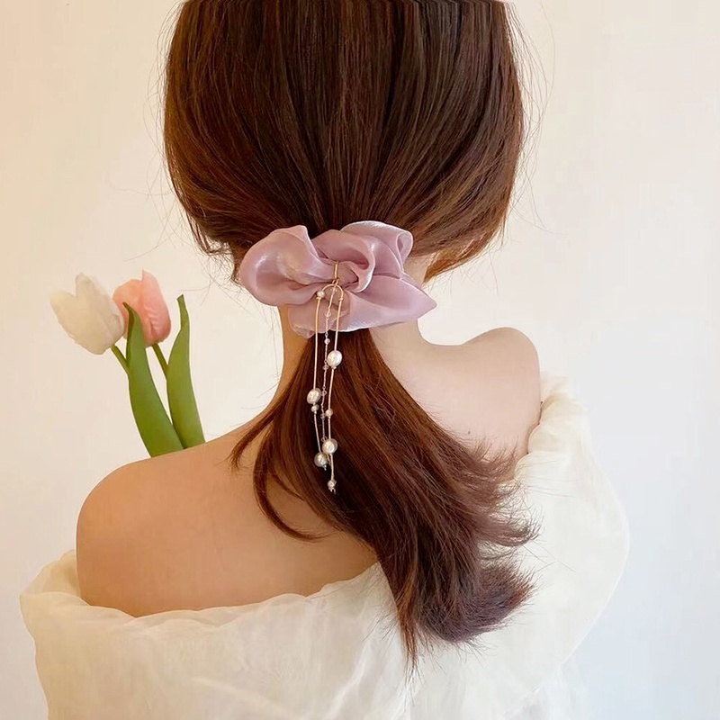 Women Elegant Pearls Rhinestone Tassel Hair Tie/ Elastic Large Intestine Hair Bands