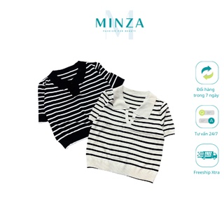 Áo len mongtoghi cộc tay kẻ sọc cổ bẻ Ulzzang, áo len polo 2 màu đen, be đẹp mịn