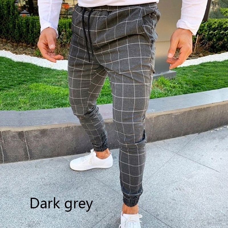 Fashion Man Pants High Waist Drawstring Plaid Men Pants Casual Street Style Zipper Elastic Slim Trousers