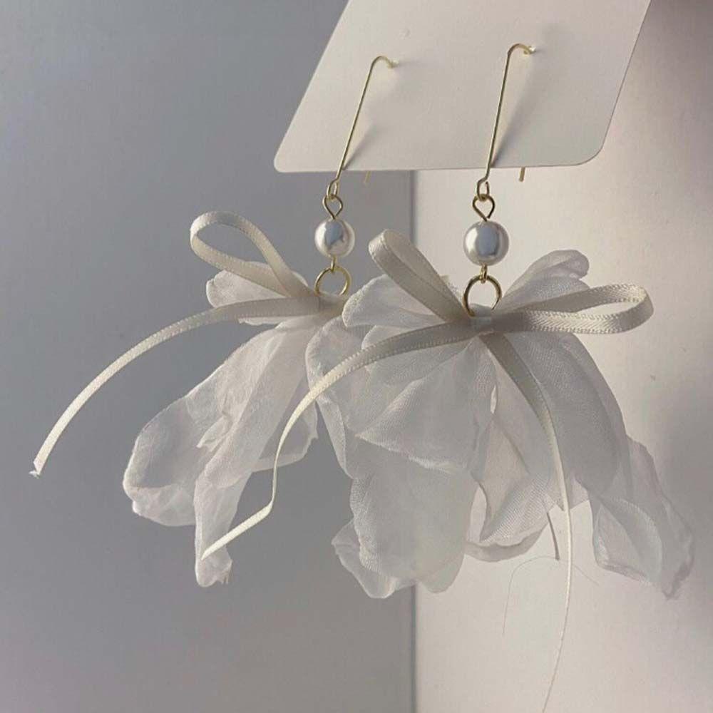 Bông Tai Dáng Dài Hình Bông Hoa Màu Trắng Phong Cách Retro Thời Trang Cho Nữ