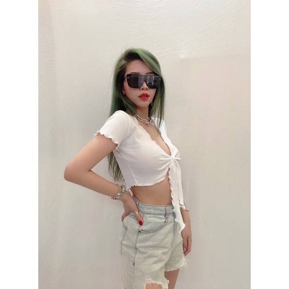 Áo croptop cột nơ trước xoăn lai vnxk