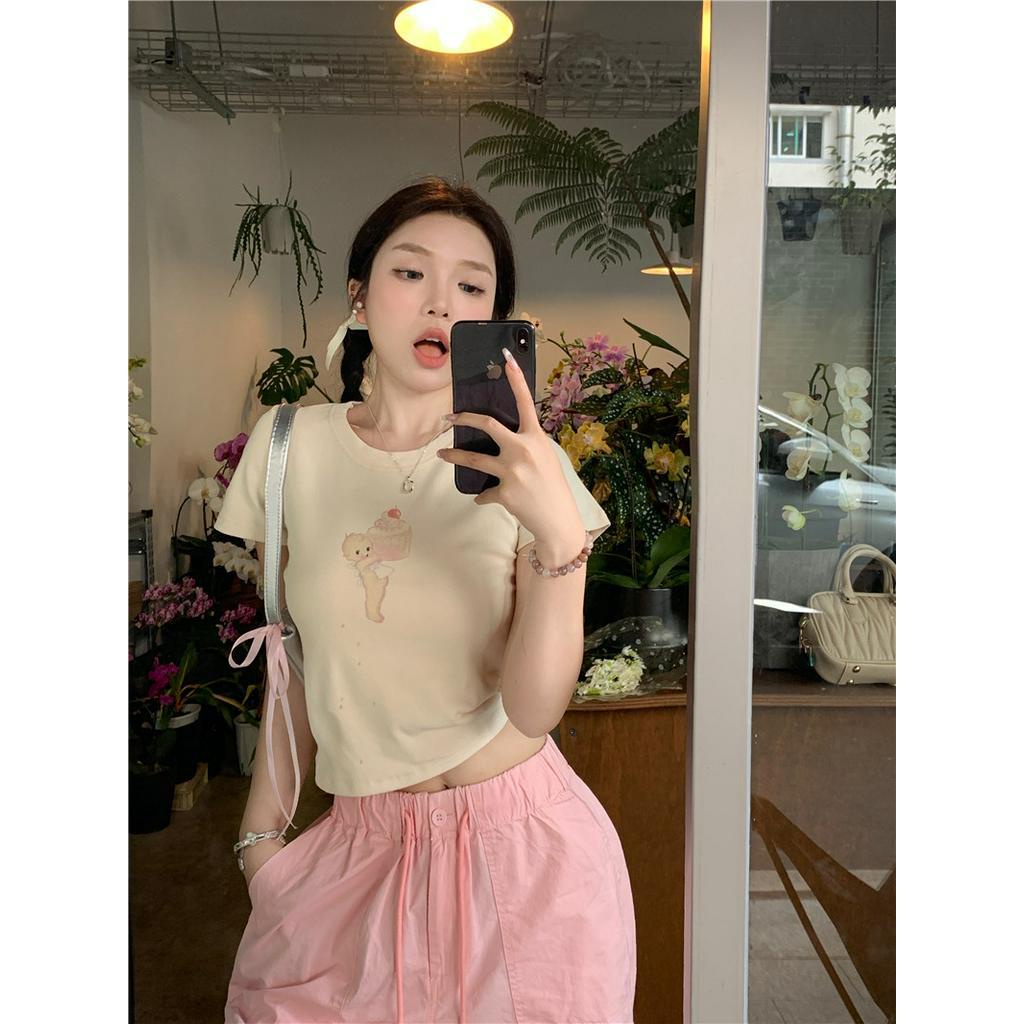 Áo Thun Tay Ngắn Trễ Vai In Hình Bánh Ngọt Ngào Và Thiên Thần Nhỏ Dễ Thương Cho Nữ