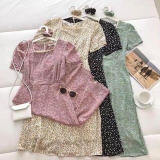 Váy hoa nhí cổ ren kèm chun tóc có dây cột eo