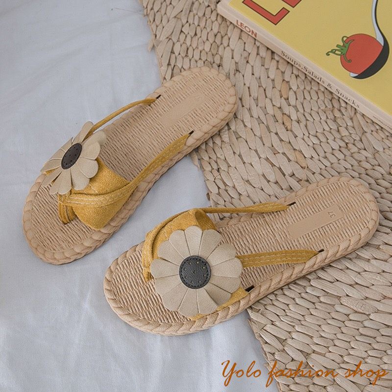 CS5_Kèm hình thật_Dép thời trang nữ  xỏ ngón hoa cúc siêu xinh đế giả cói vintage siêu mềm êm chân