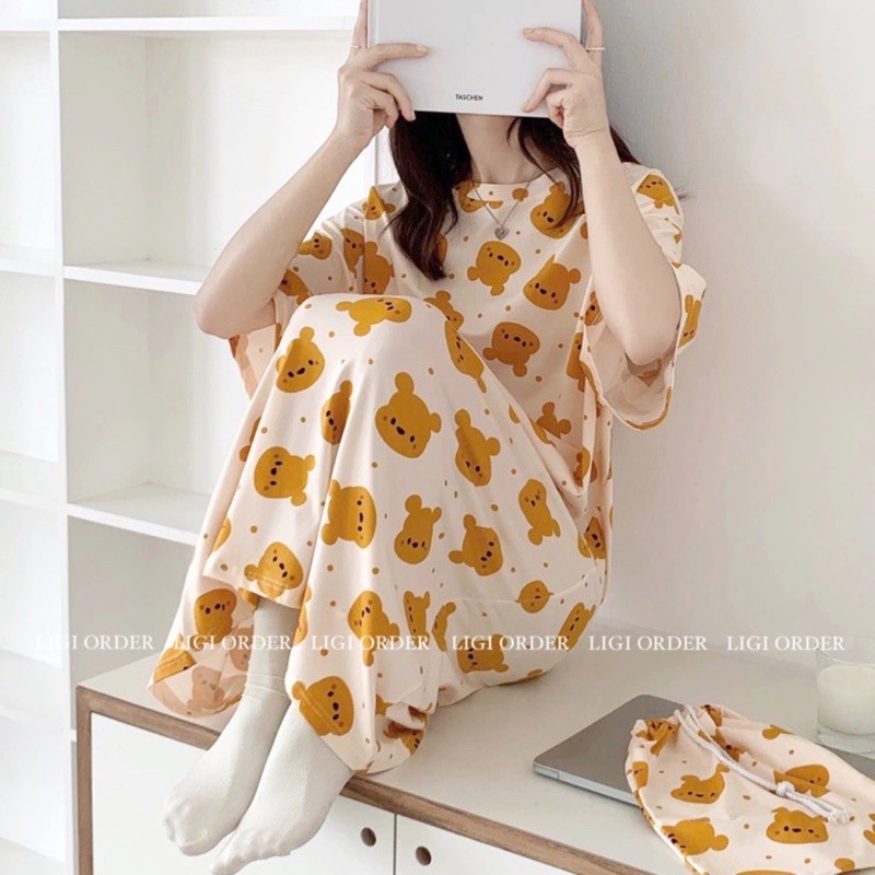 Váy ngủ cute hình gấu poor, Váy ngủ dáng xuông hình gấu vàng đáng yêu