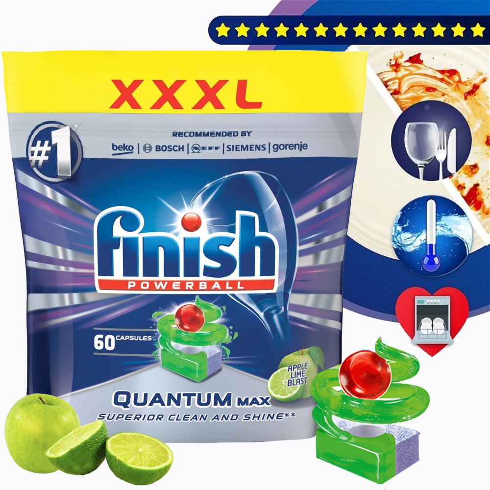 Túi 60 viên rửa chén Finish Quantum Max Dishwasher Tablets Apple Lime Blast QT025461-hương chanh,táo, Viên nén rửa bát