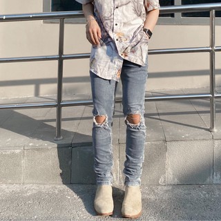 Quần jean nam streetwear cao cấp FNOS Z14 màu xanh rách gối form slimfit có zip jean co giãn