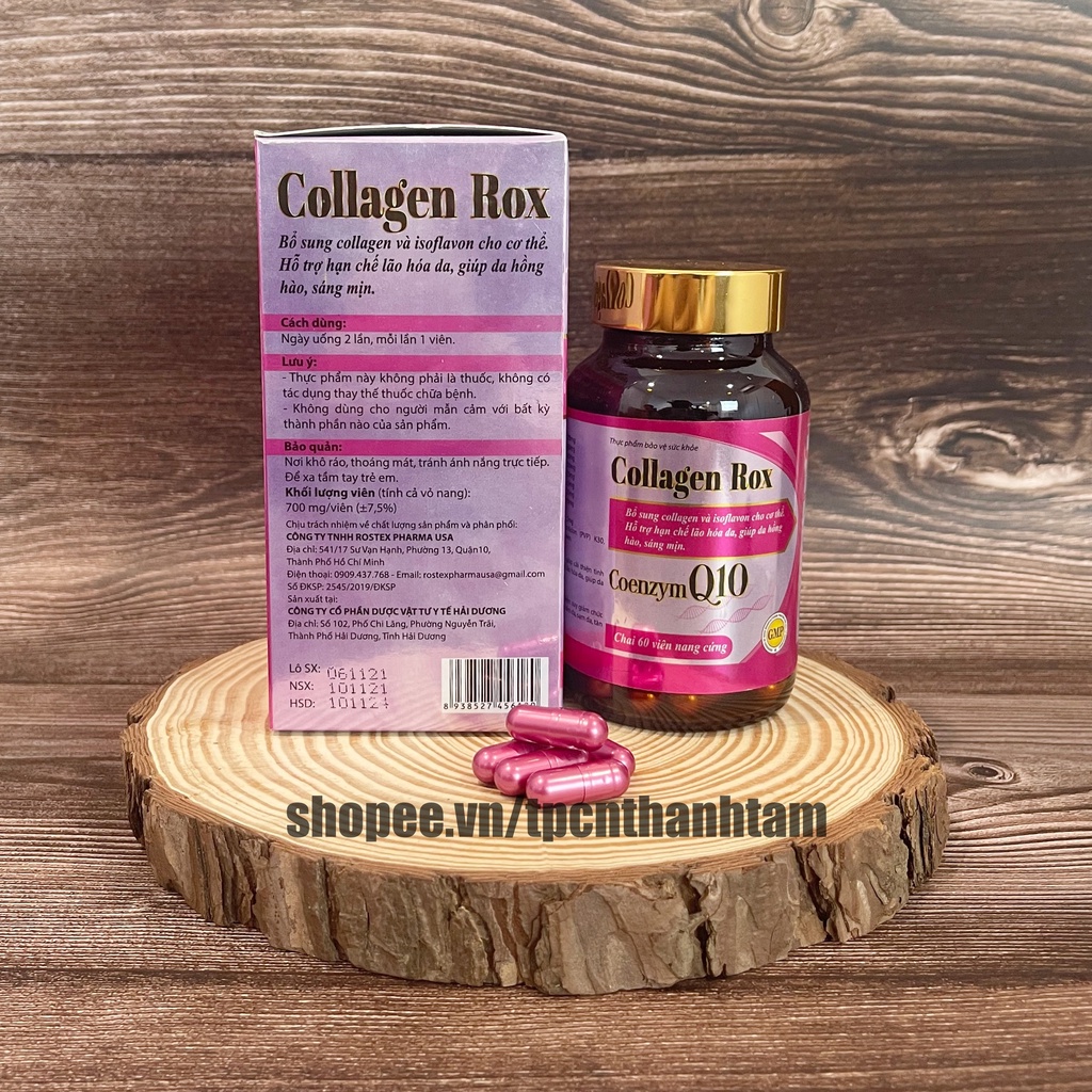 Viên uống đẹp da Colagen Rox bổ sung vitamine giúp trắng da, sáng da, giảm nám, mờ thâm - Chai 60 viên ( Hồng )