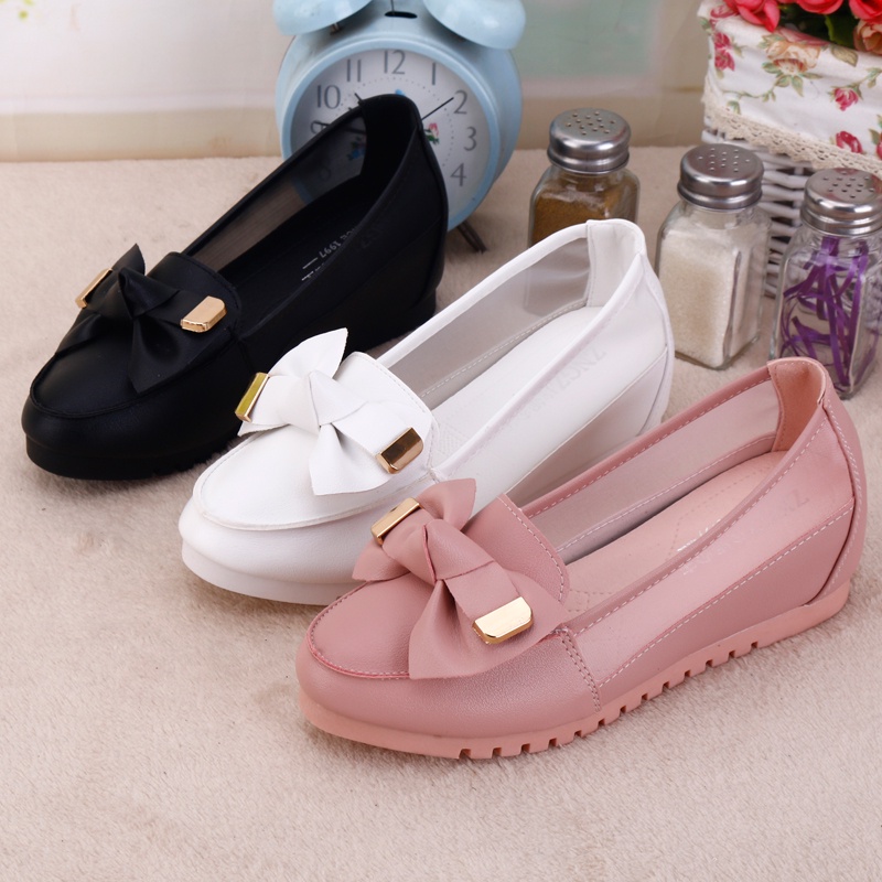 Internet Shoes Women's Internal Growth 2018 Summer New Versions Flat Casual Shoes Breathable Mesh Single Shoes Bow Beans