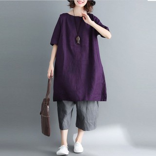 Đầm suông form rộng cổ tròn tay lỡ Basic SLINEN, chất vải Linen bột Premium, form váy suông rộng giấu bụng.