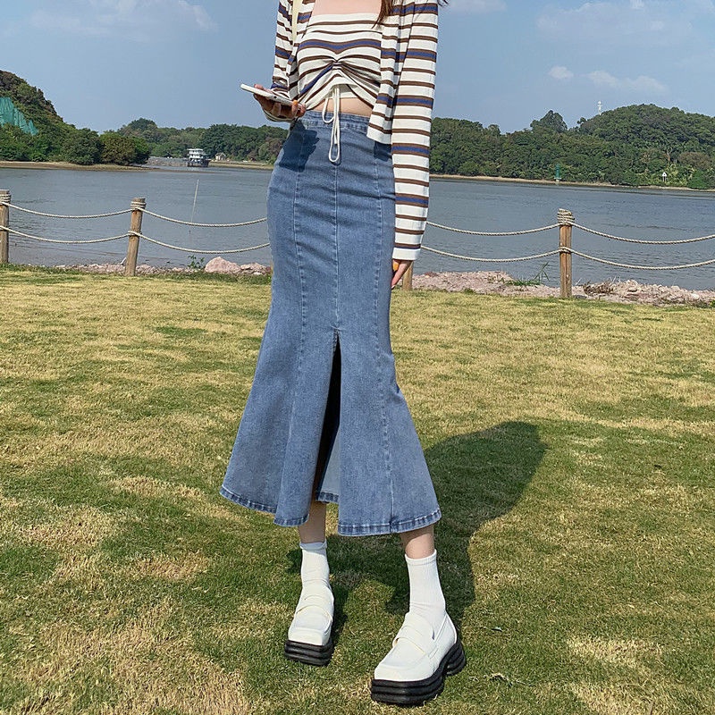 Chân váy jean Đuôi Cá Lưng Cao Thời Trang Dành Cho Nữ