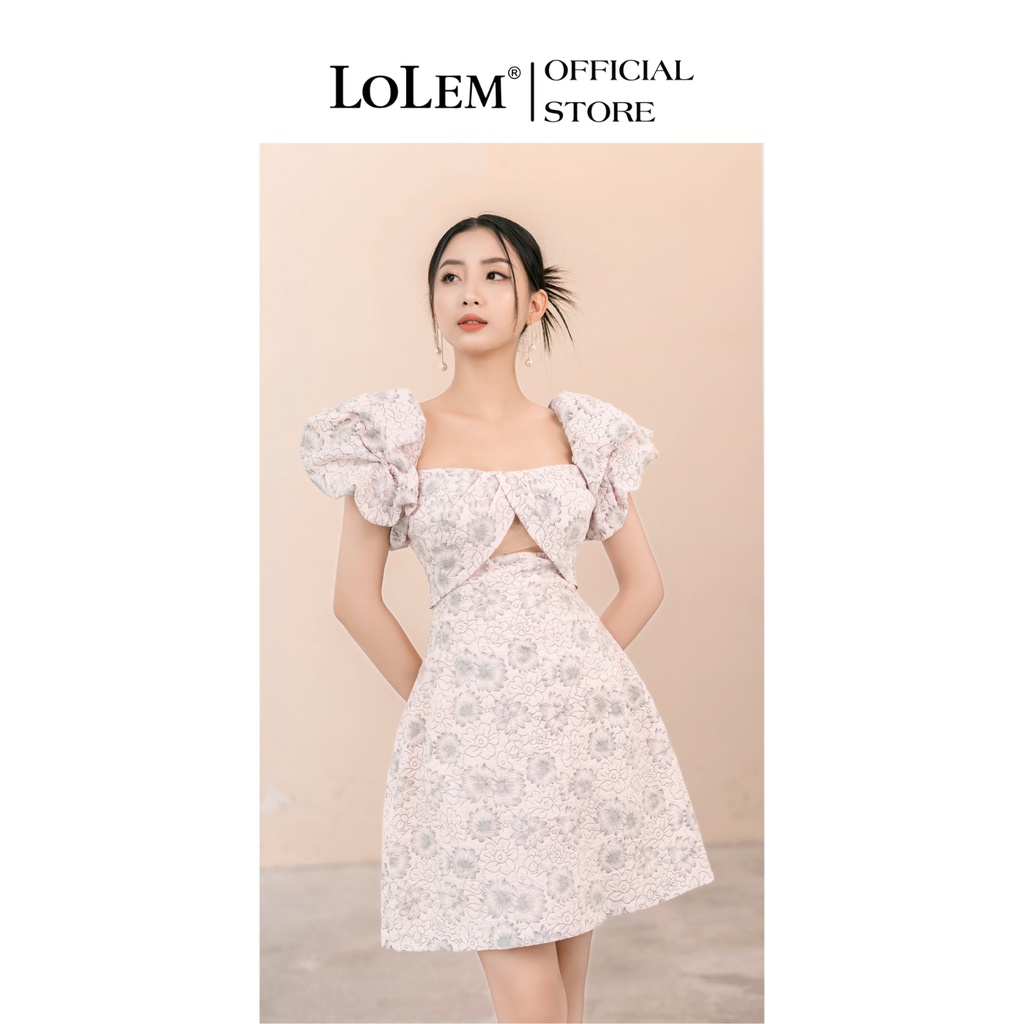 Đầm xòe cổ vuông LOLEM DX317 thiết kế cut-out tay con bồng vải thô xốp cao cấp