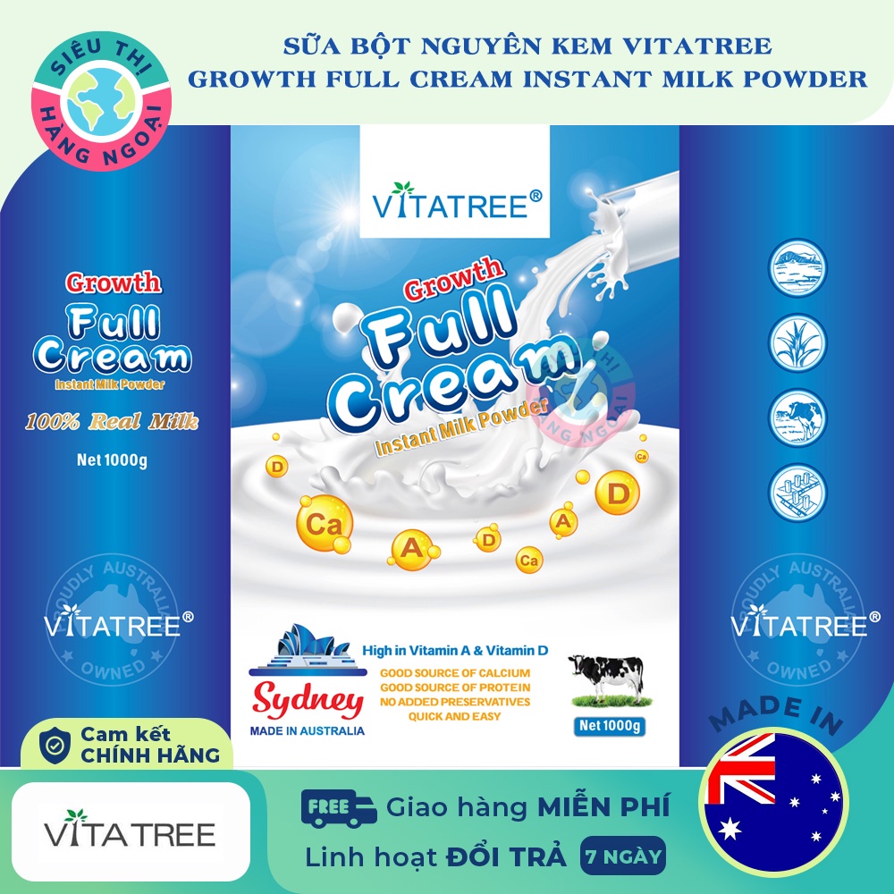 Sữa bột nguyên kem Vitatree từ Úc Growth Full Cream Instant Milk Powder 1kg Date 05/2023