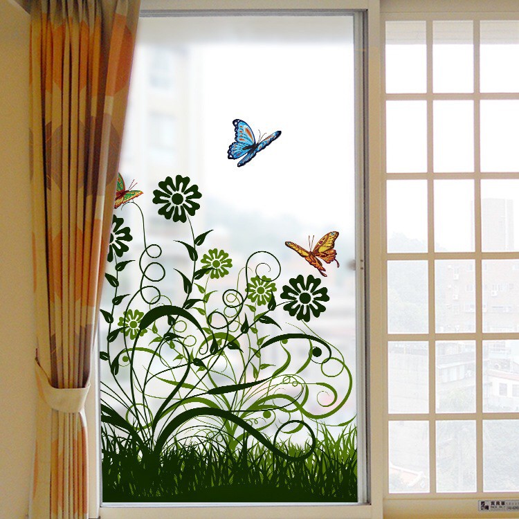 Decal dán kính cao cấp - Cỏ Hoa Xanh Lá và Bướm ( 60x116 )