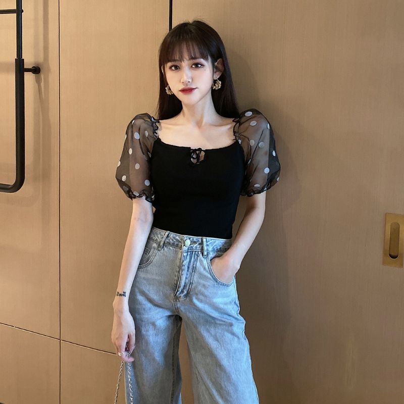 Áo Croptop Trễ Vai Tay Phồng Phối Lưới Họa Tiết Chấm Bi Phong Cách Quyến Rũ
