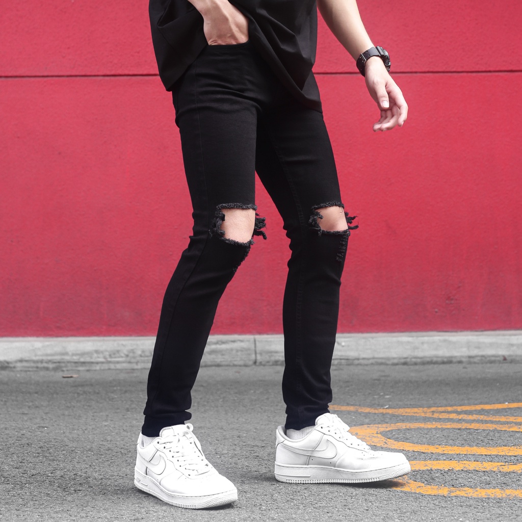 Quần Skinny Jeans Nam-Màu Đen-Rách Gối To-Chất Liệu Cotton Co Giãn-Ống Đứng Dáng-Ống Ôm Chân Chuẩn Skinny