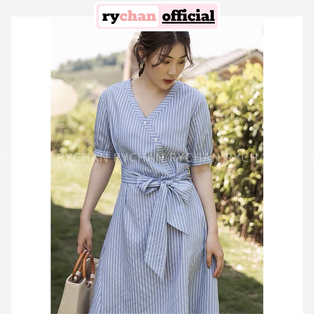 Đầm Xòe Sọc Nút Lệch Buộc Dây Eo - DX960