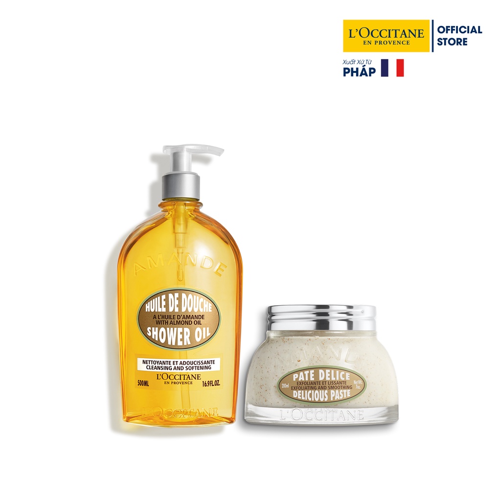 Dầu tắm Almond shower oil 500ml và dưỡng ẩm cơ thể hạnh nhân Almond Milk Concentrate 200ml L'Occitane