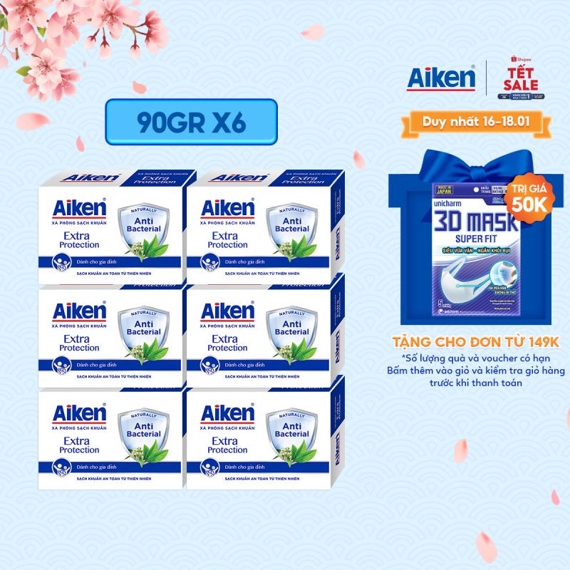 [Mã COSBDAG5 giảm 8% đơn 150k] Aiken Combo 6 Xà Phòng Sạch Khuẩn Chiết Xuất Trà Xanh Thiên Nhiên 90G/hộp