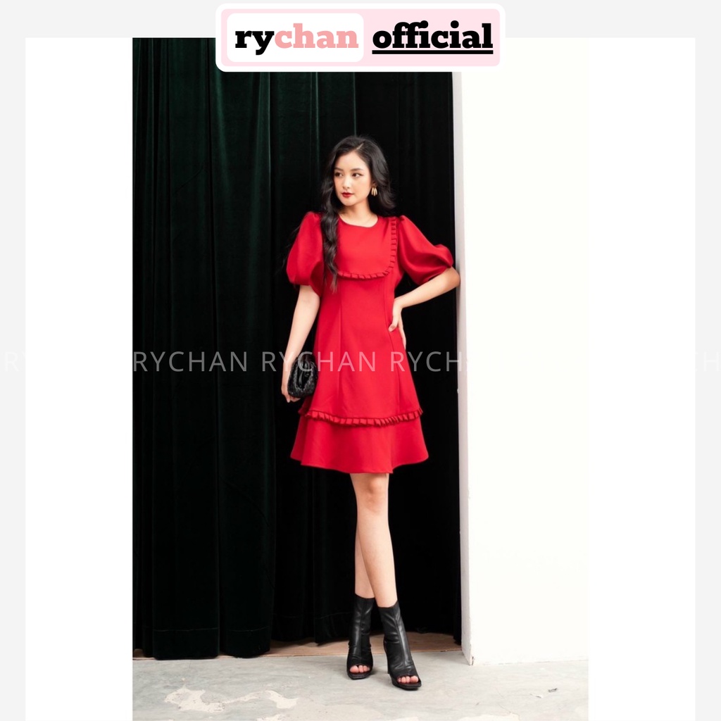 Đầm Xòe Đỏ Tầng Phối Bèo Tay Phồng Nữ Tính - DX0111