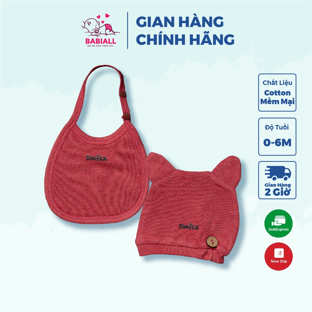 Set yếm dãi, mũ đội đầu/ nón sơ sinh che thóp mùa đông DINOFA cotton 0-6M K01 BABIALL - Giao màu ngẫu nhiên