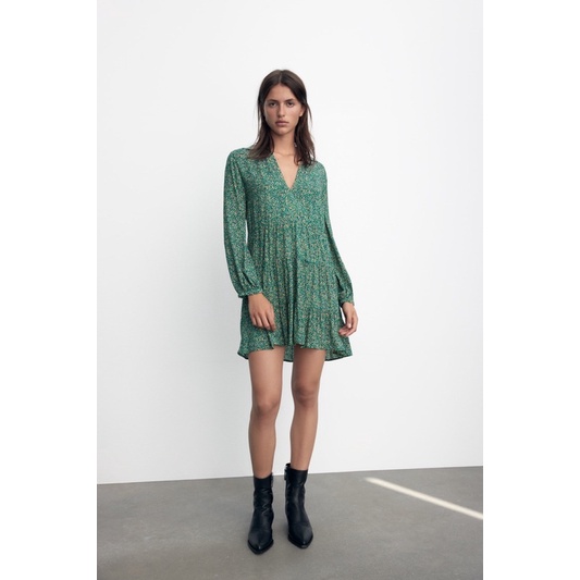 Váy baby doll hoa nhí xanh cổ bẻ Zarraa canh sale