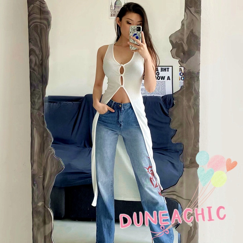 DUNEA Áo Sát Nách Dáng Dài Cổ Chữ U Phối Hàng Nút Thời Trang Đường Phố