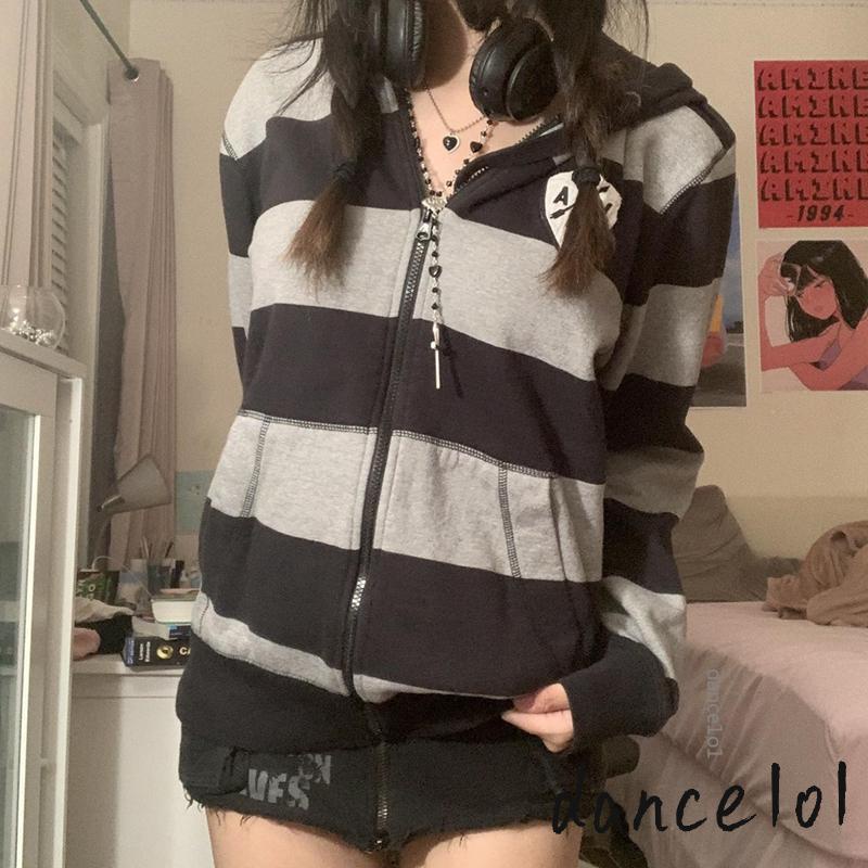 Áo Thun DàI Tay Kẻ SọC Cổ ĐiểN dance1o1 Y2K Grunge