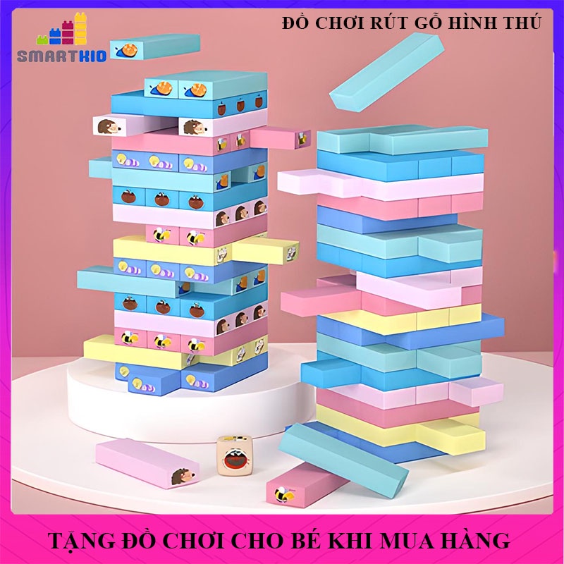 Đồ chơi rút gỗ màu loại lớn in hình con vật, đồ chơi trẻ em xếp hình trí tuệ, chất liệu an toàn loại đẹp cho bé